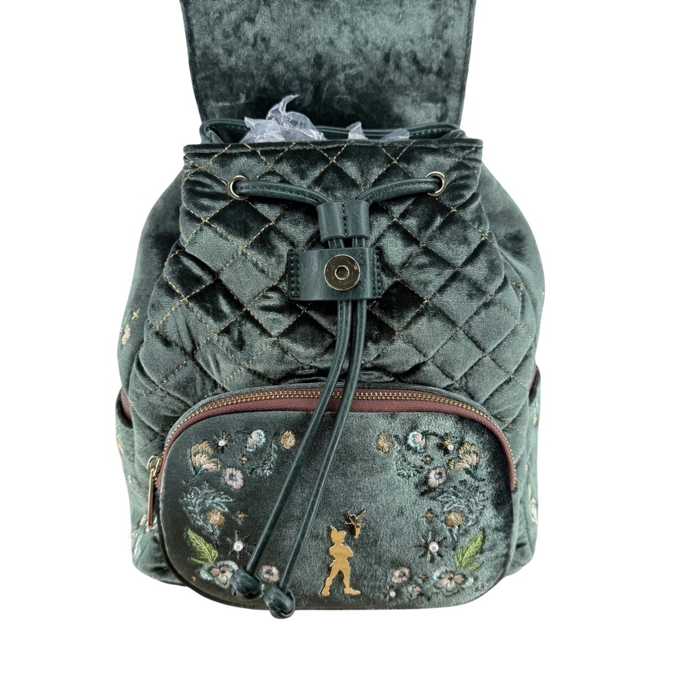 Disney Loungefly Peter Pan Tinker Bell Forest Green Velvet Floral Mini Backpack - Picture 4 of 5